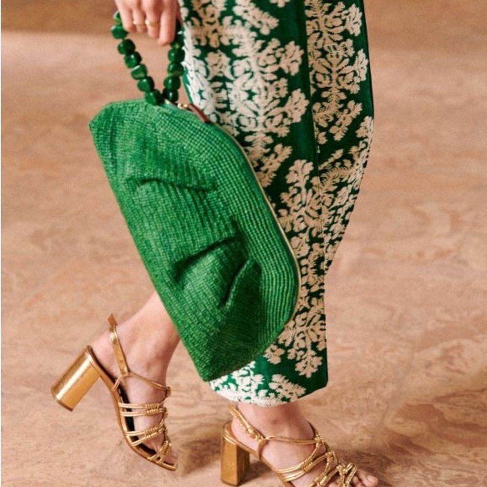 Sezane Green Beaded-Handle Clutch